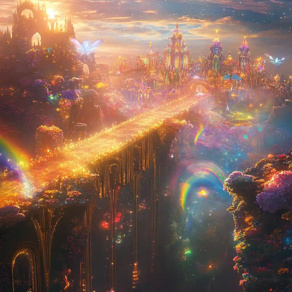 Enchanted city with rainbow bridges and glowing floral island