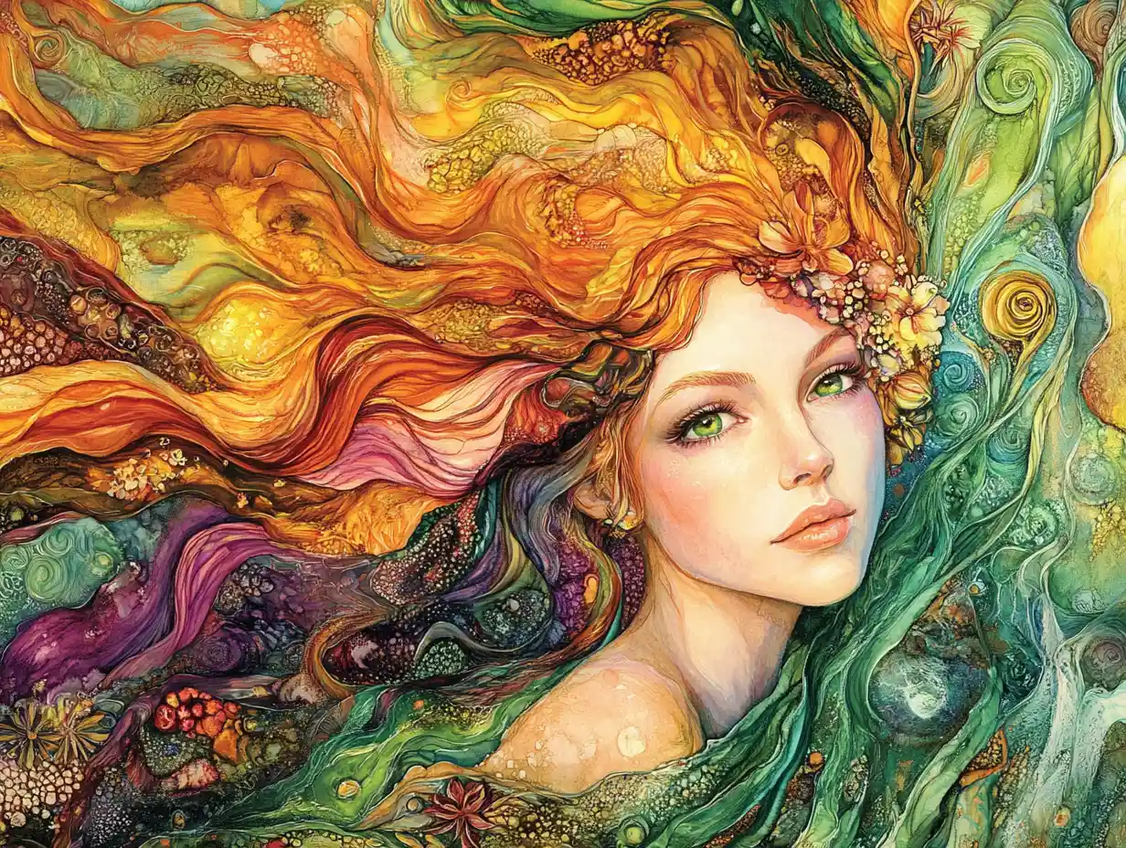 Fantasy woman with volcanic hair in jungle sunset