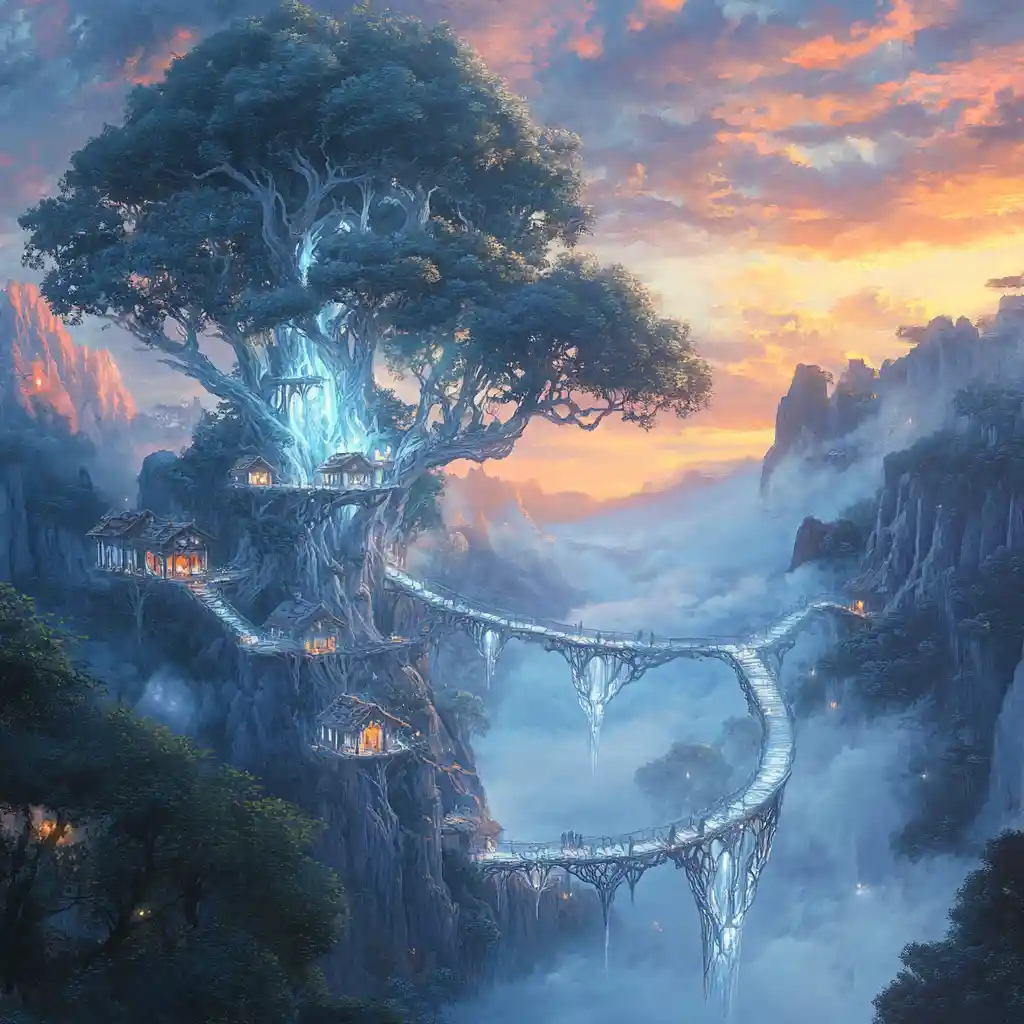 Surreal treehouse bridge in misty fantasy mountains