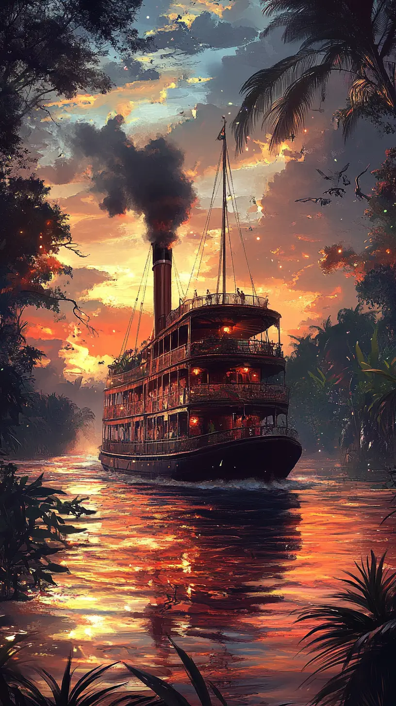 Vintage red river steamer cruising through amazonian jungle