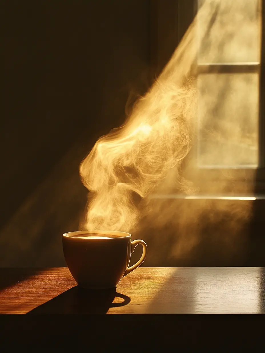 Morning sunlight over steaming coffee on wooden counter