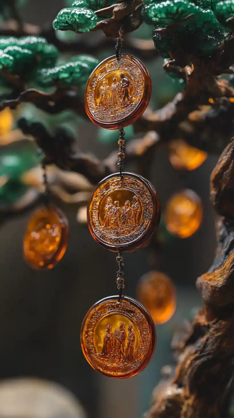 Abstract jade tree with amber medallions and liquid roots