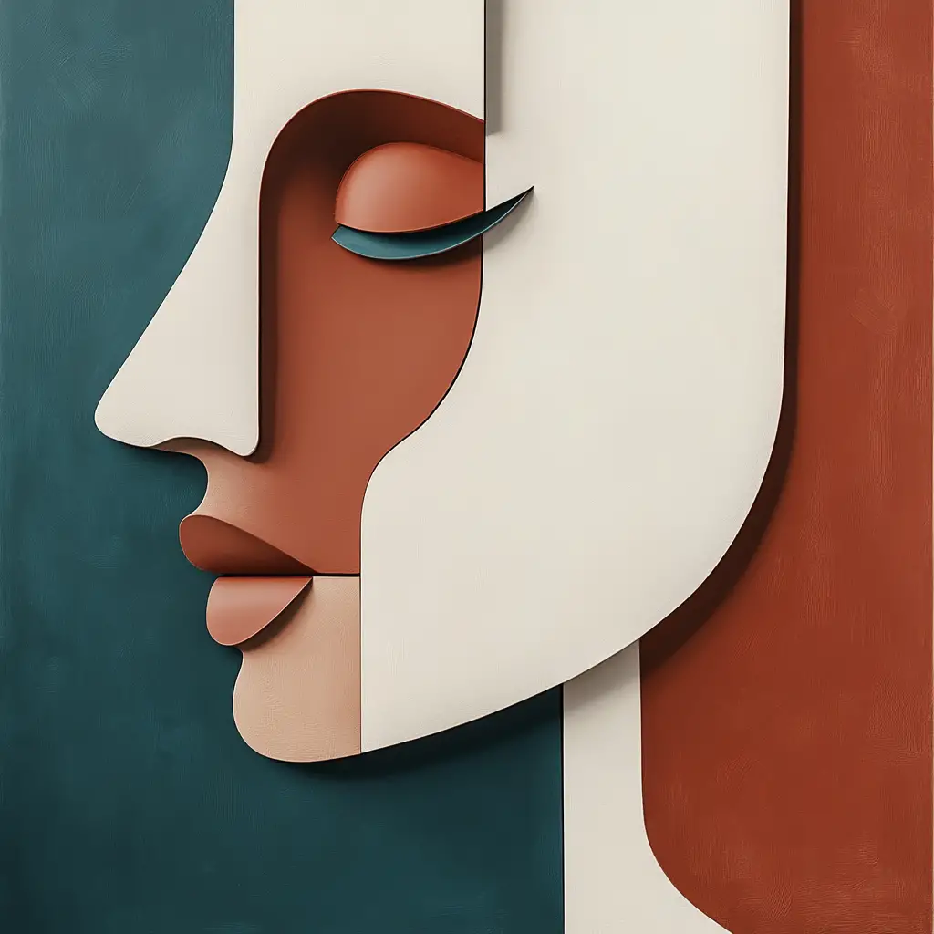 Abstract Geometric Face In Warm Terracotta And Ivory Tones