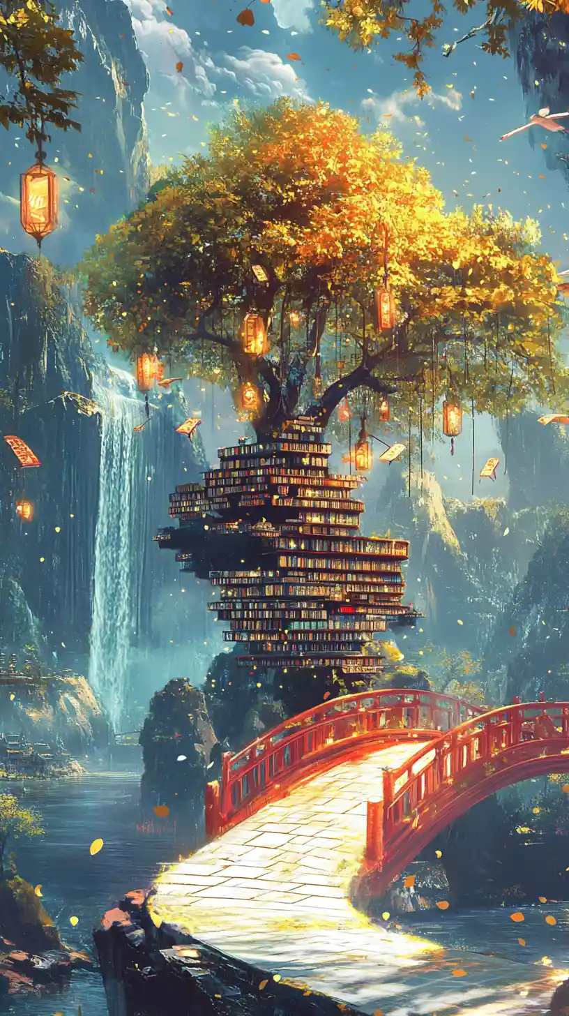 Golden tree by a red bridge in a fantasy landscape