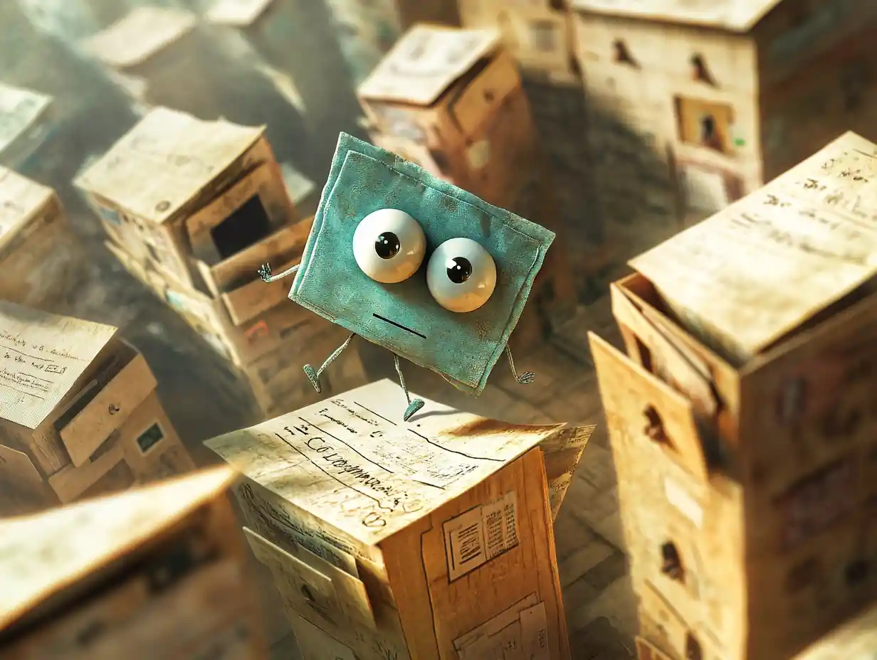 Googly eyed paperclip running through surreal dream world