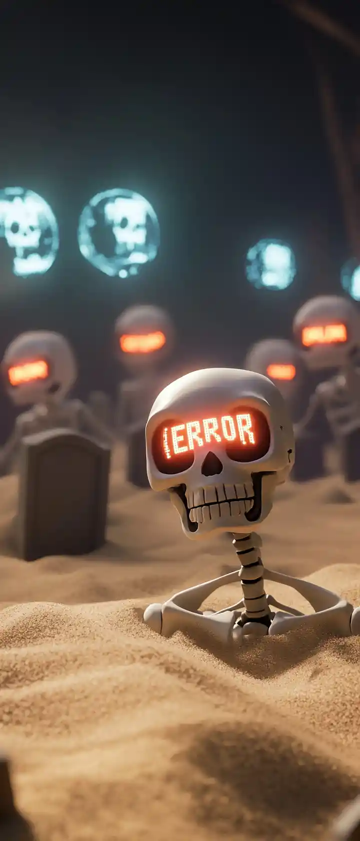 Robotic skeletons buried in glitching digital sand