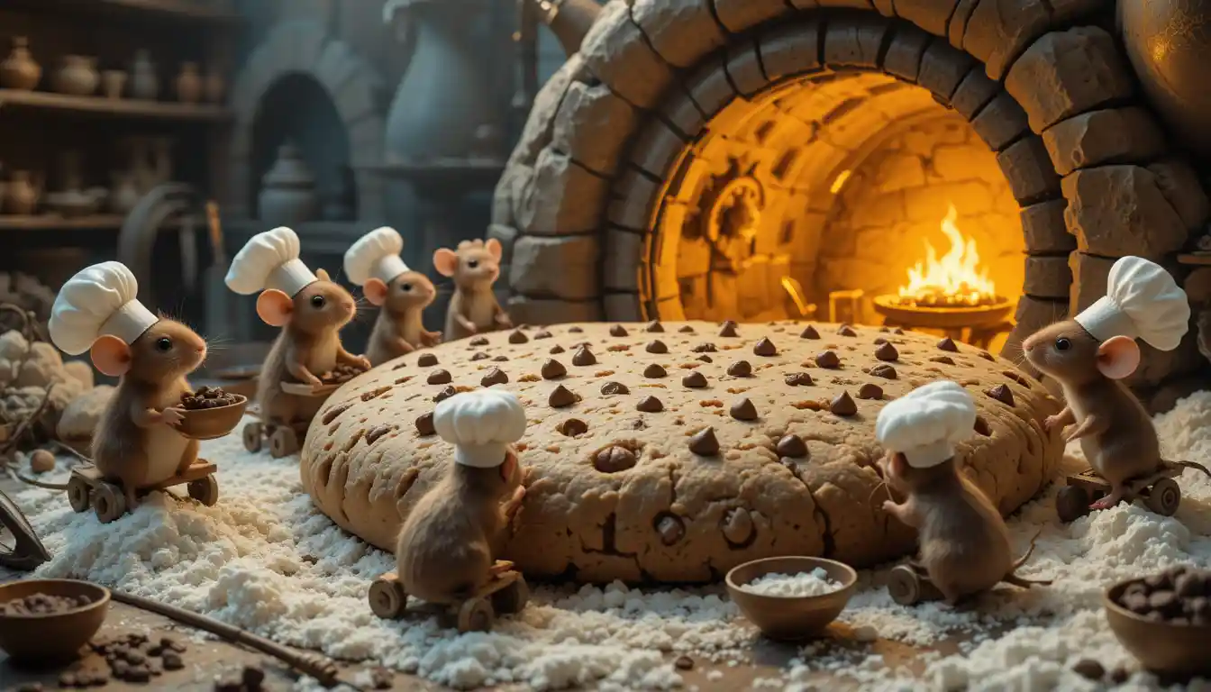 Tiny mouse chefs baking a giant wagon wheel cookie