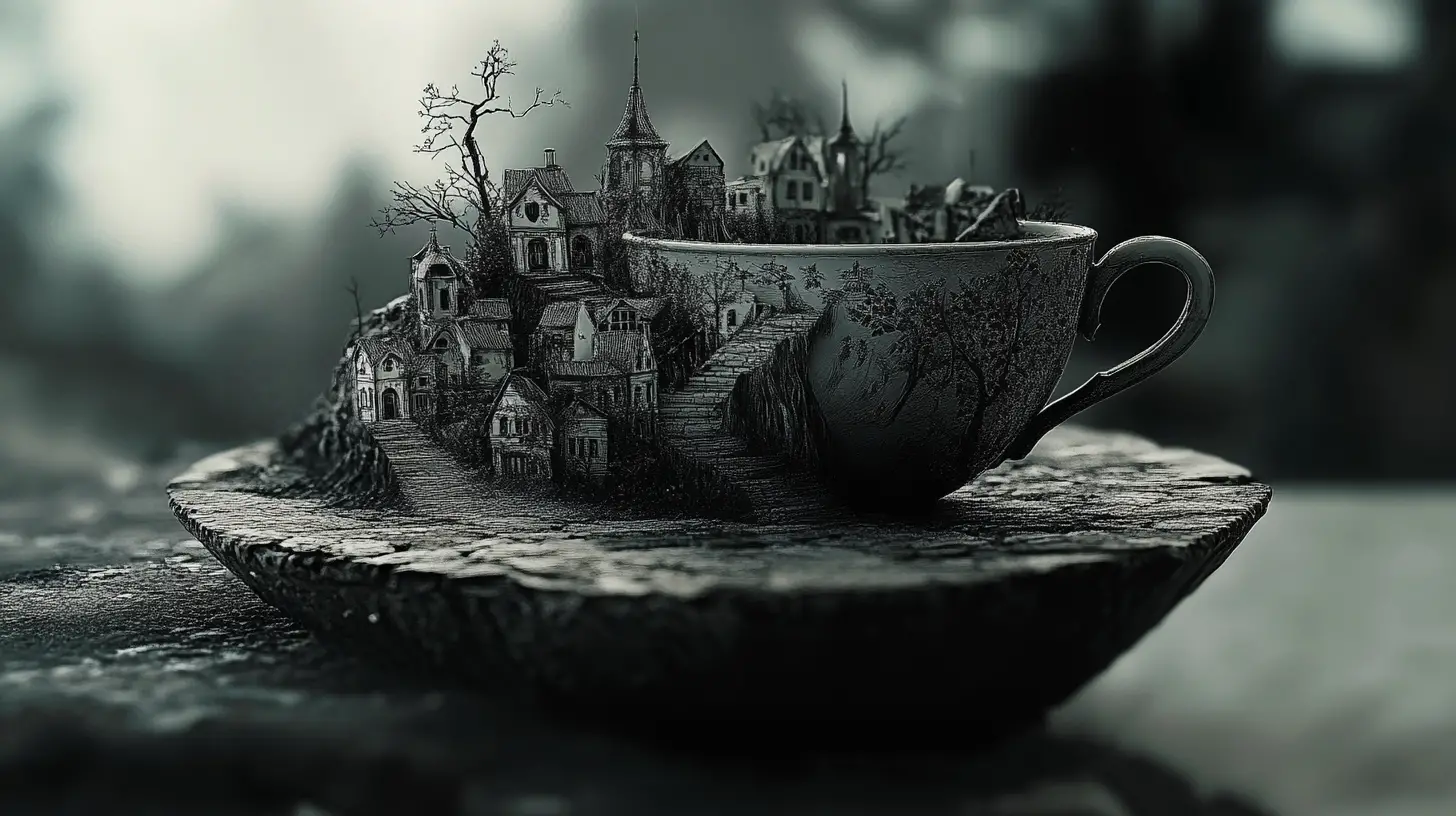 Charcoal macro scene of teacup surrounded by tiny town