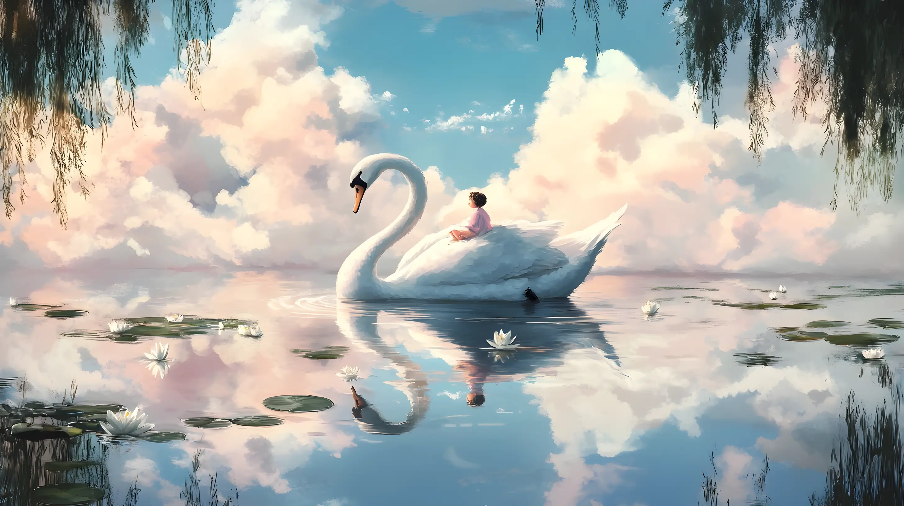 Child Riding A Giant Swan Across A Still Lake