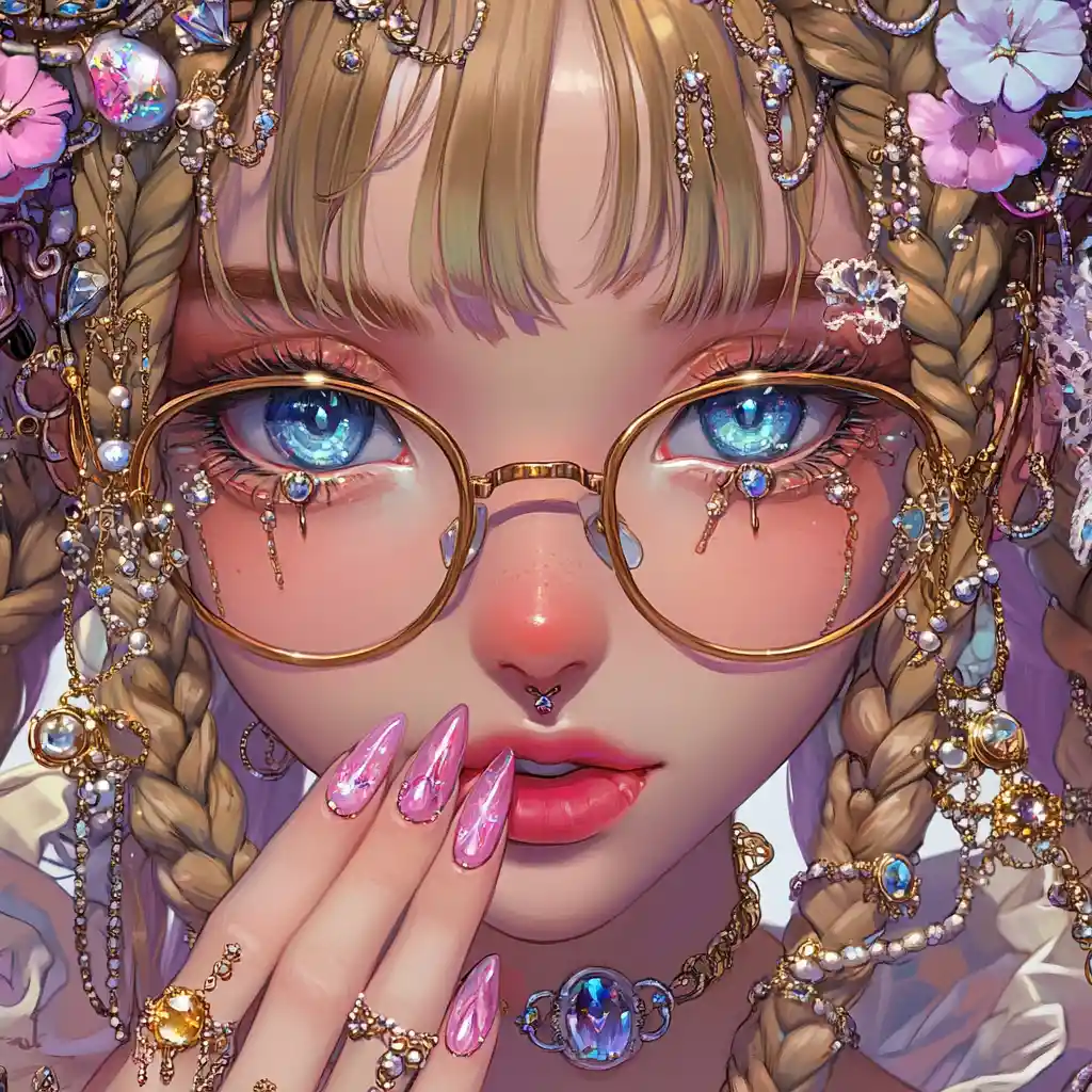 Anime girl portrait with pink glasses and crystal nail art