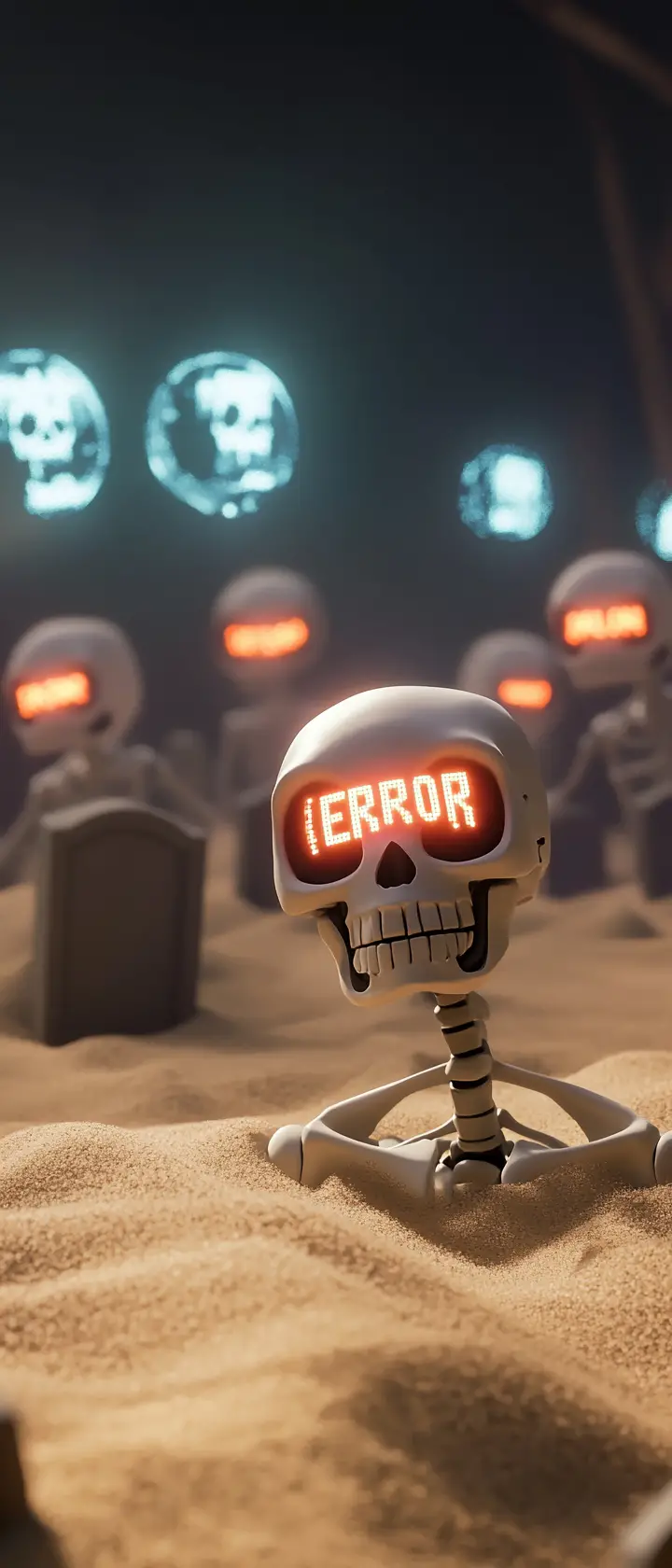 Robotic skeletons buried in glitching digital sand