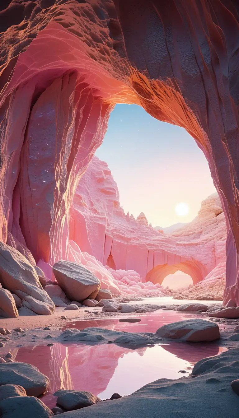 Mystical cosmic portal glowing inside an ancient pink cave