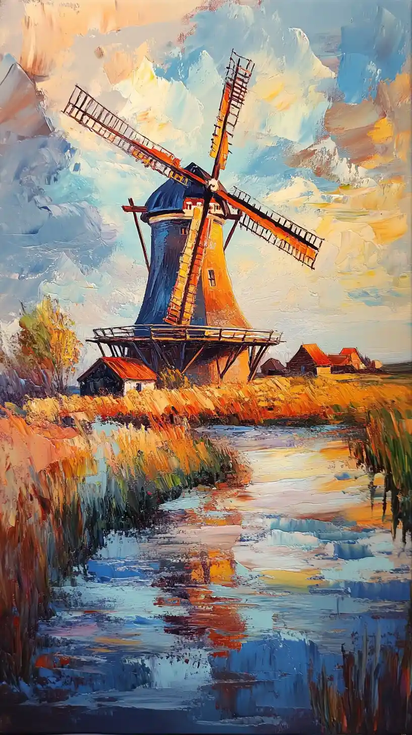 Impressionist Dutch windmill landscape in warm golden light