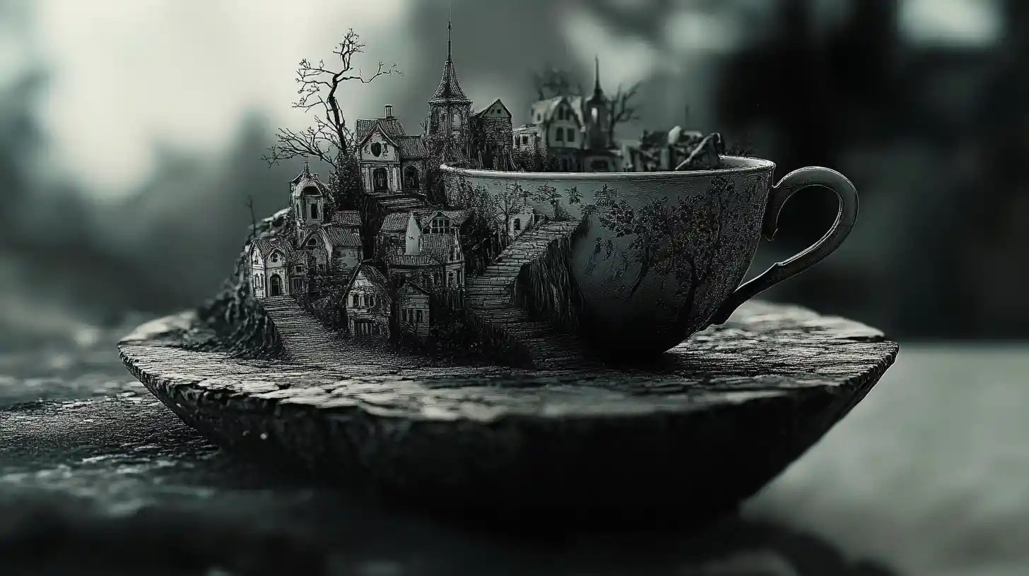Scena macro a carbone di una tazza da tè circondata da una piccola città