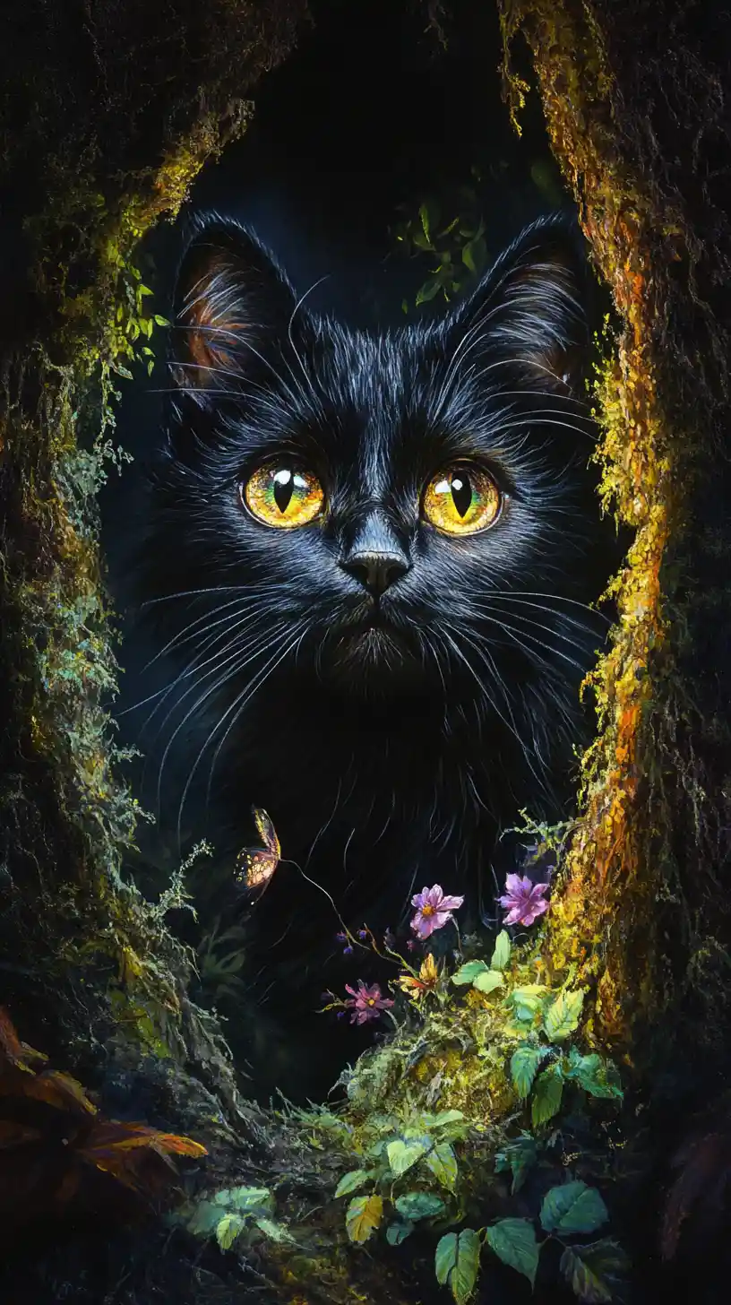 Black cat portrait in a glowing mossy forest cave
