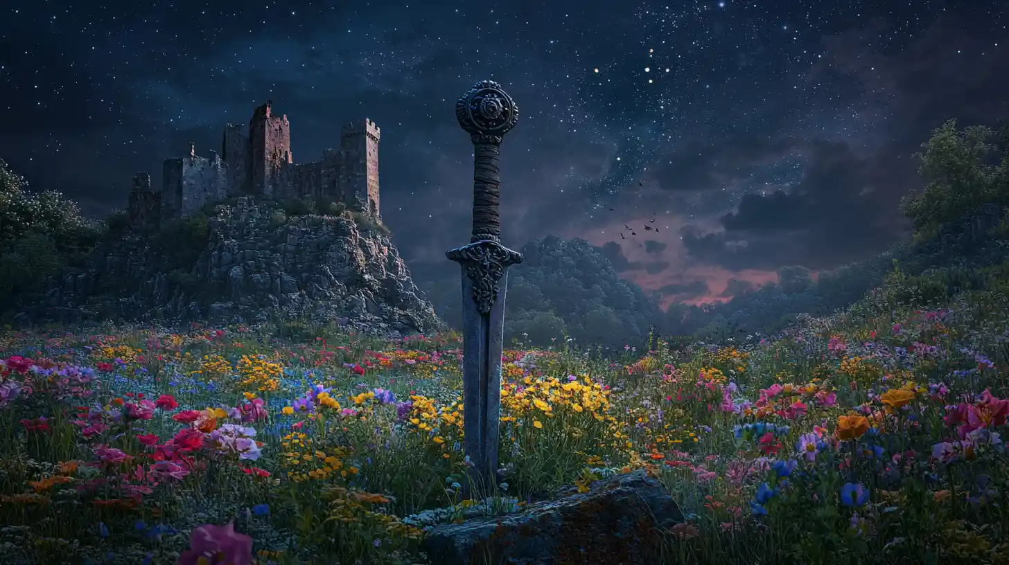 Ancient stone sword in a flower filled meadow at night