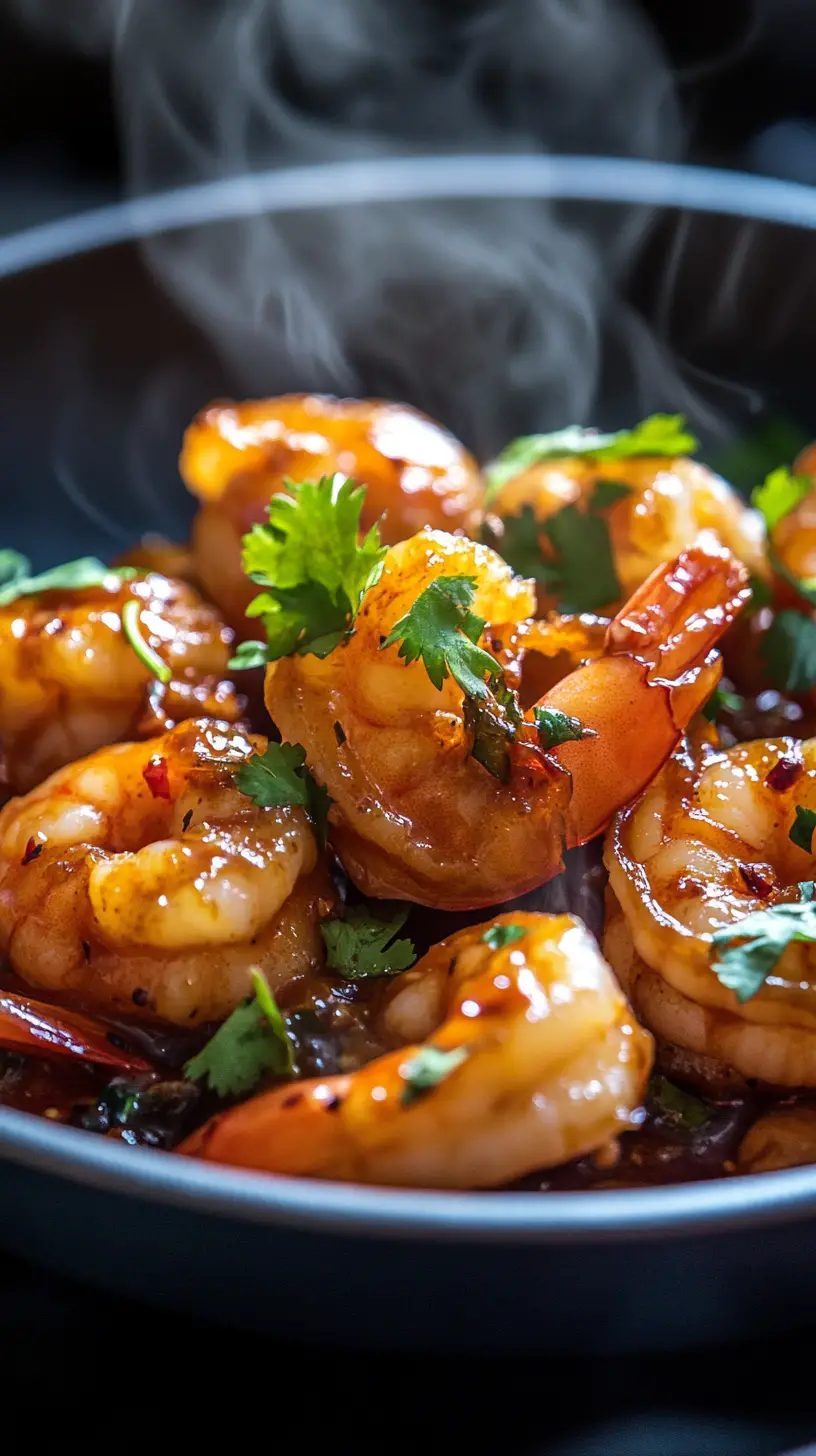 Spicy glazed shrimp with fresh cilantro and steam