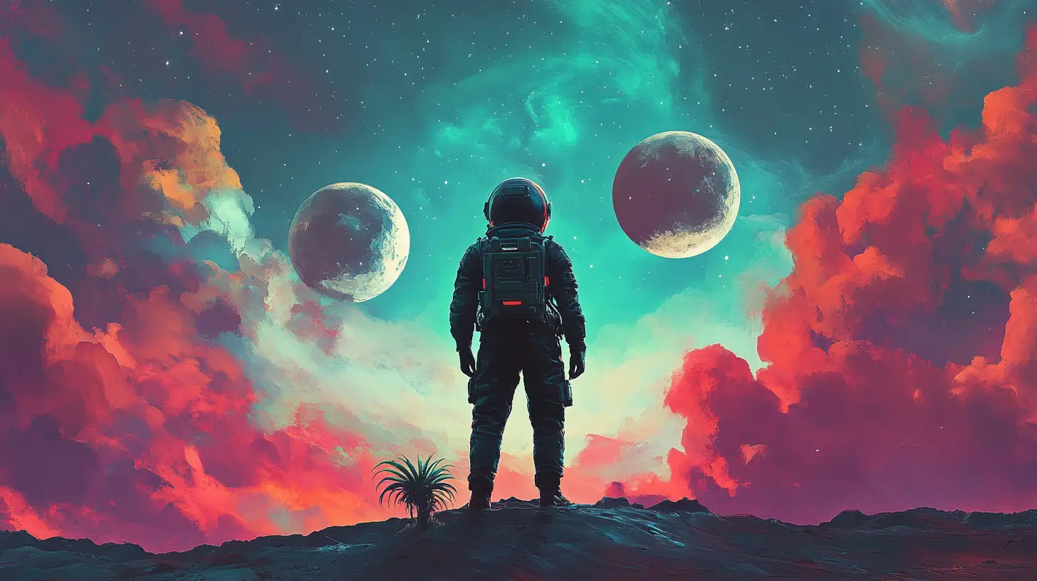 Astronaut Alone On Alien World Under Swirling Nebula
