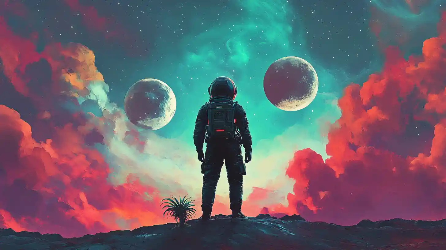 Astronaut Alone On Alien World Under Swirling Nebula