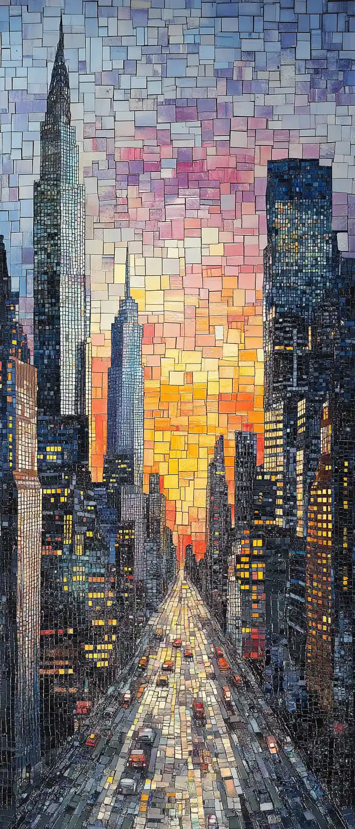 Panoramic mosaic city skyline at dusk with glowing windows