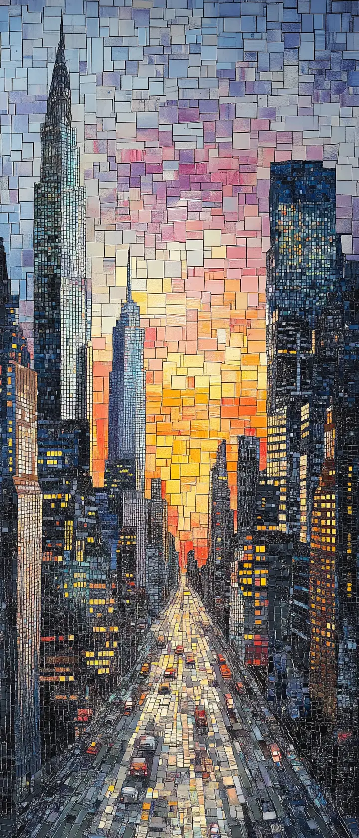Panoramic mosaic city skyline at dusk with glowing windows