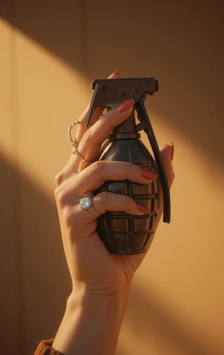 Elegant female hand with diamond ring holding grenade