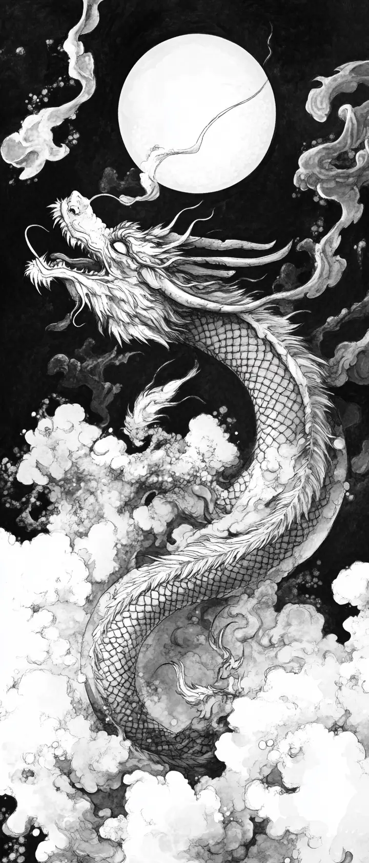 Ink Dragon Coiling Through Clouds Under A Pale Moon