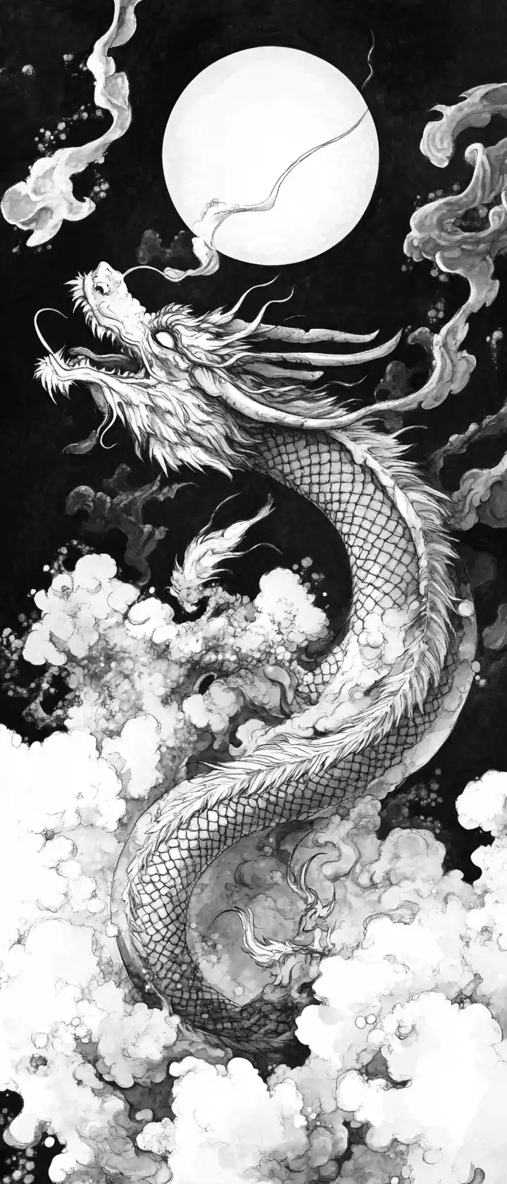 青白い月の下で雲間をとぐろ巻く墨の龍