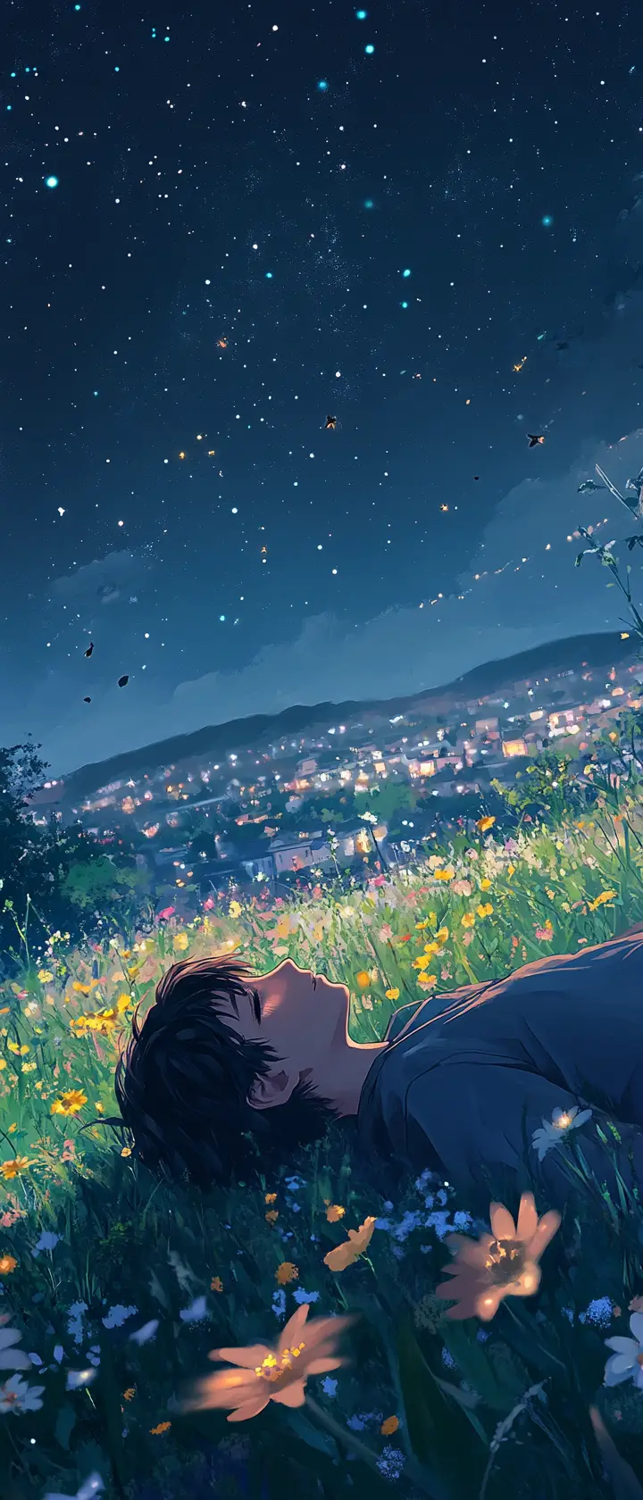 Boy on a quiet hill under an empty night sky