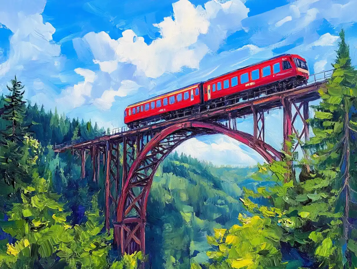 Red train crossing a steel bridge over green forest