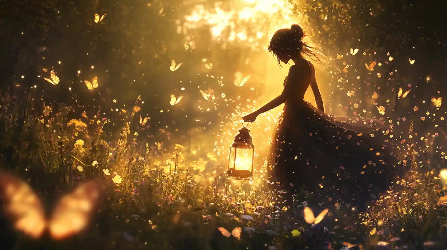 Magical girl guarding a glowing enchanted garden edge