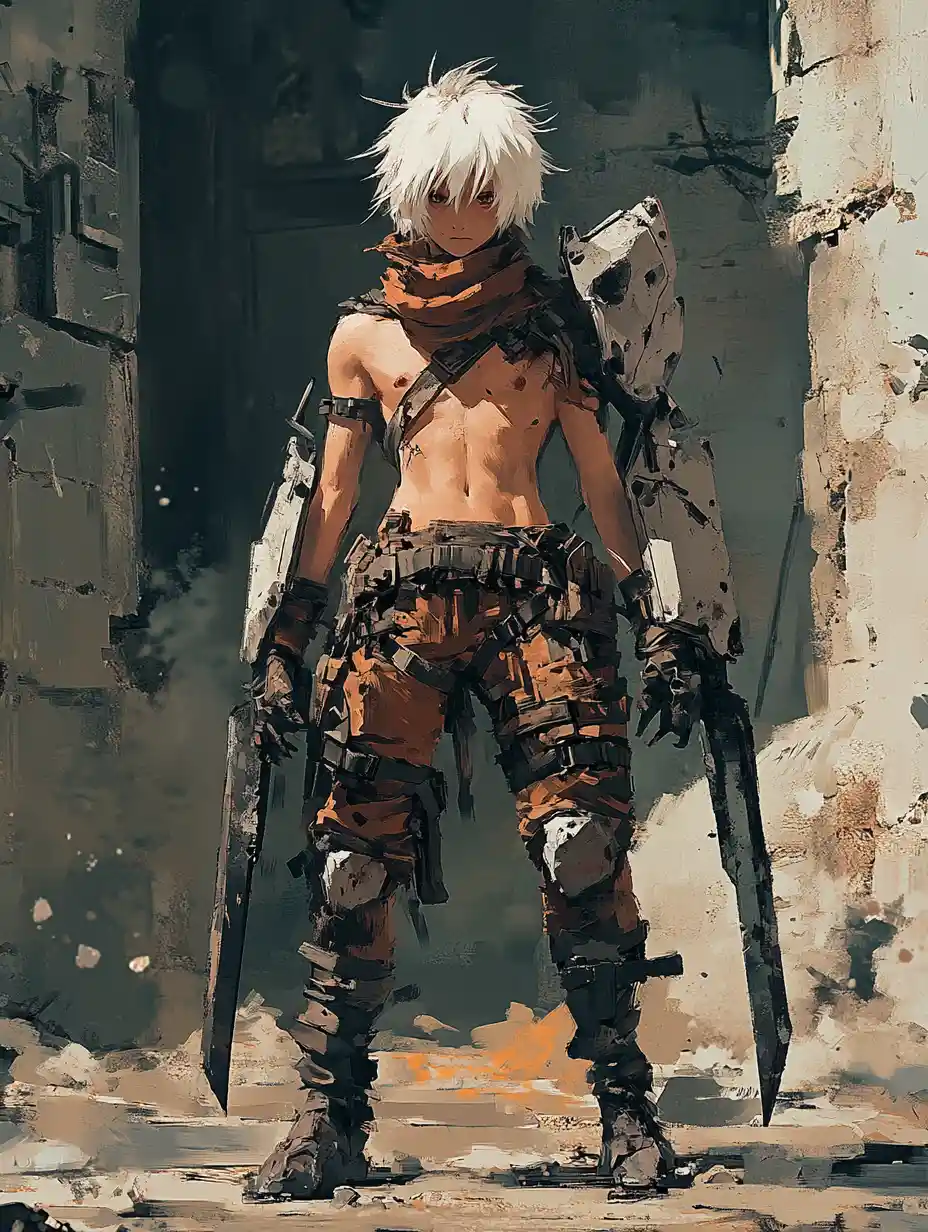 Post apocalyptic anime boy with twin dark metal knives
