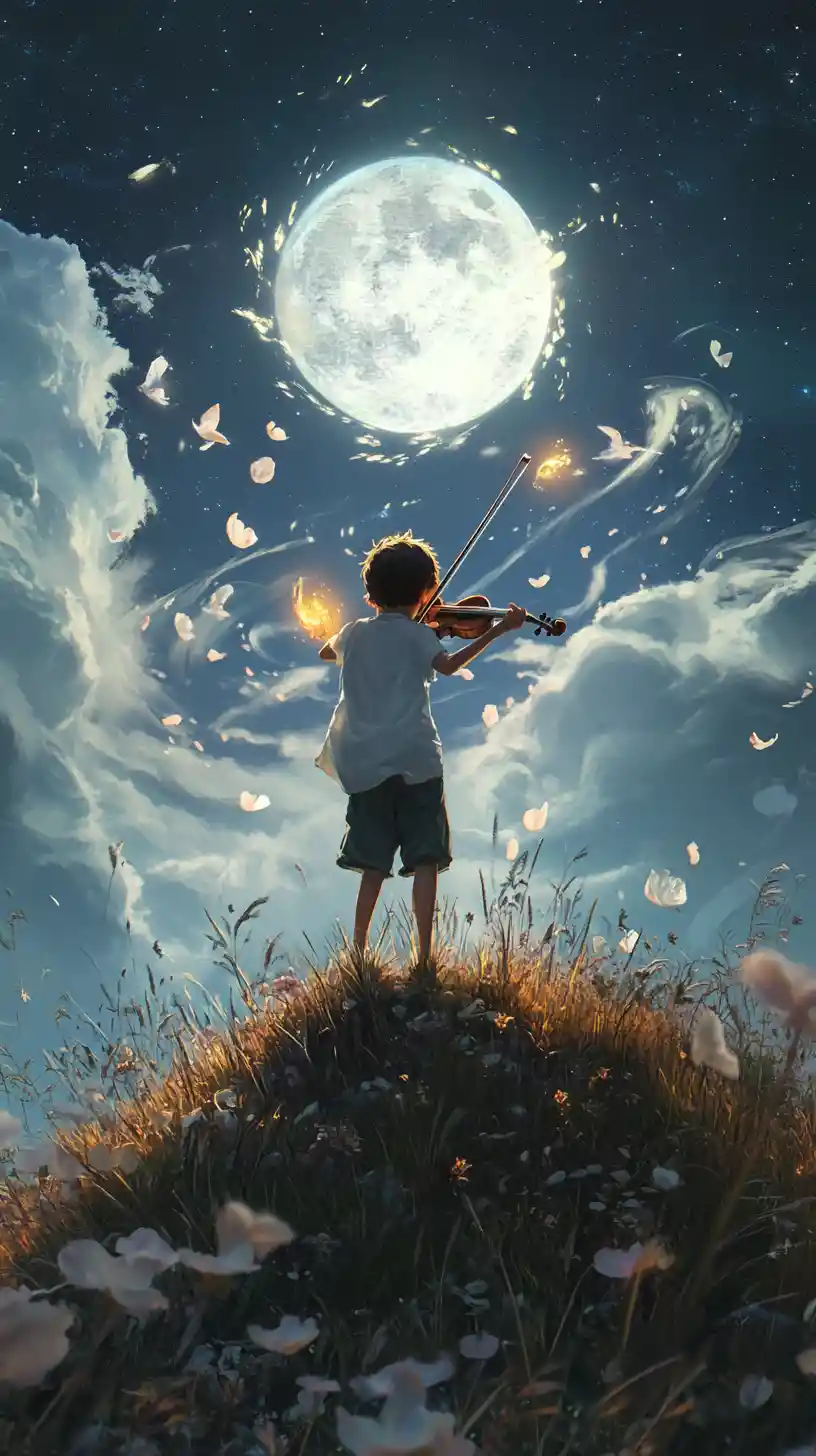 Ragazzo che suona un violino luminoso su una collina al chiaro di luna di notte