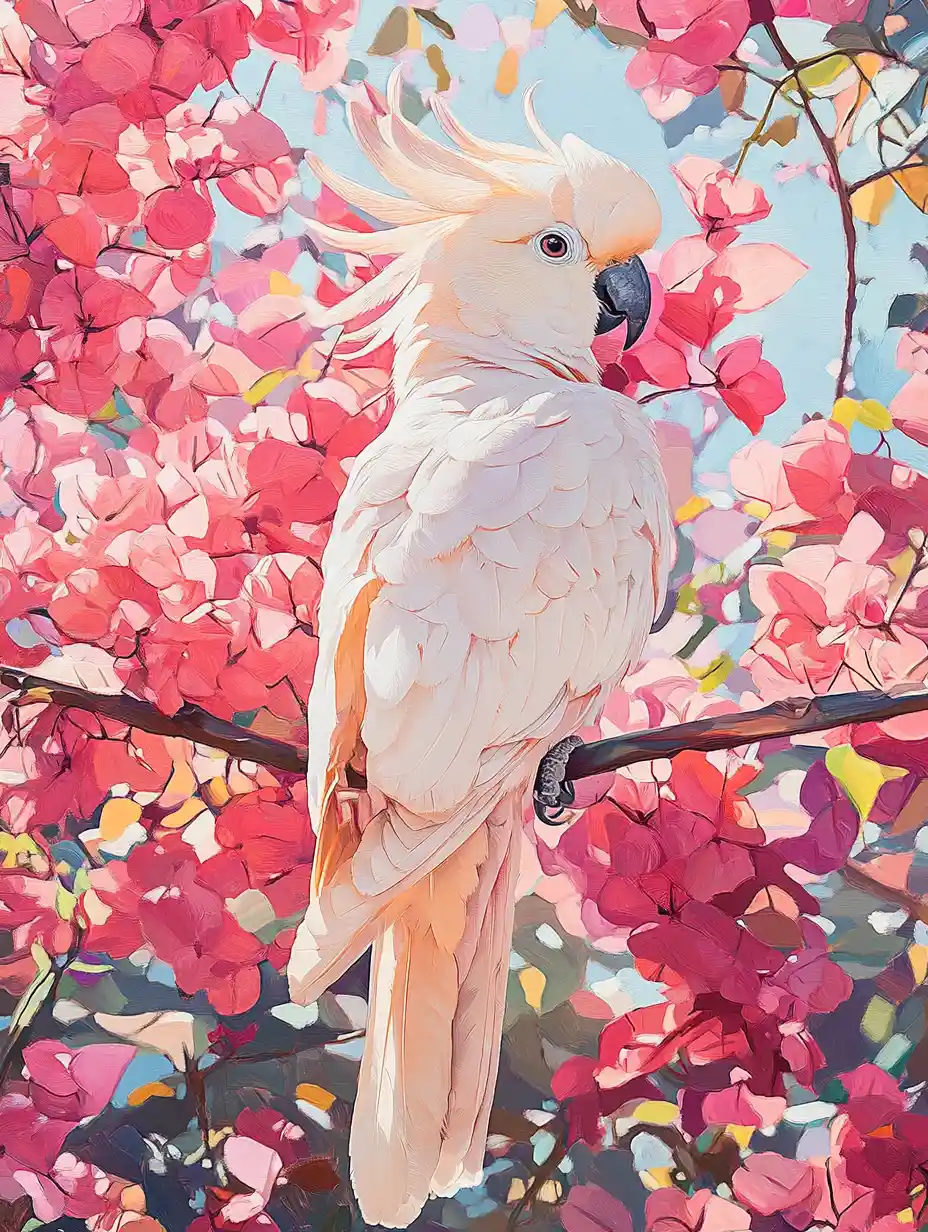 Pink cockatoo among bougainvillea in warm sunlight