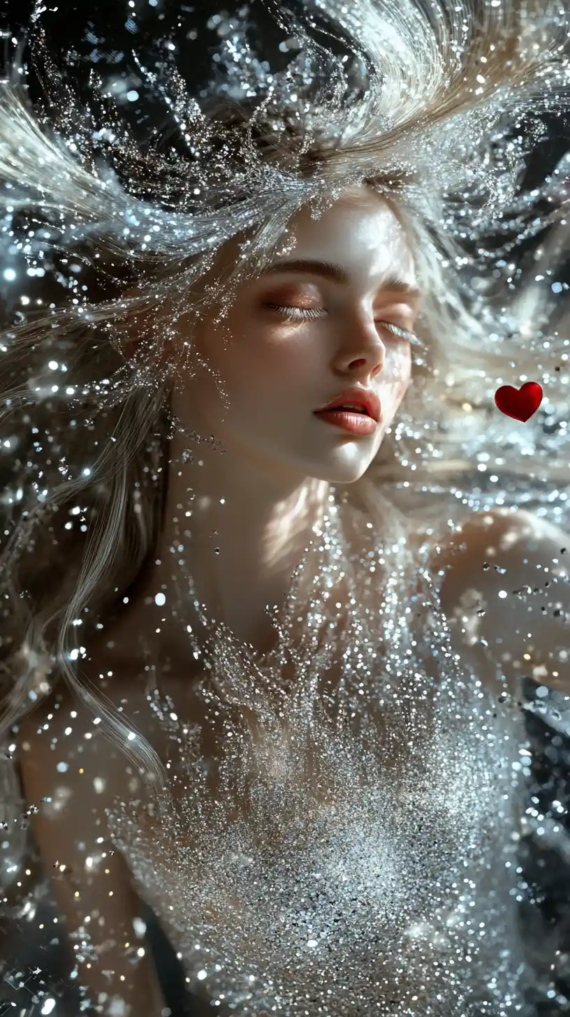 Blonde woman in silver neon dress in fantasy city