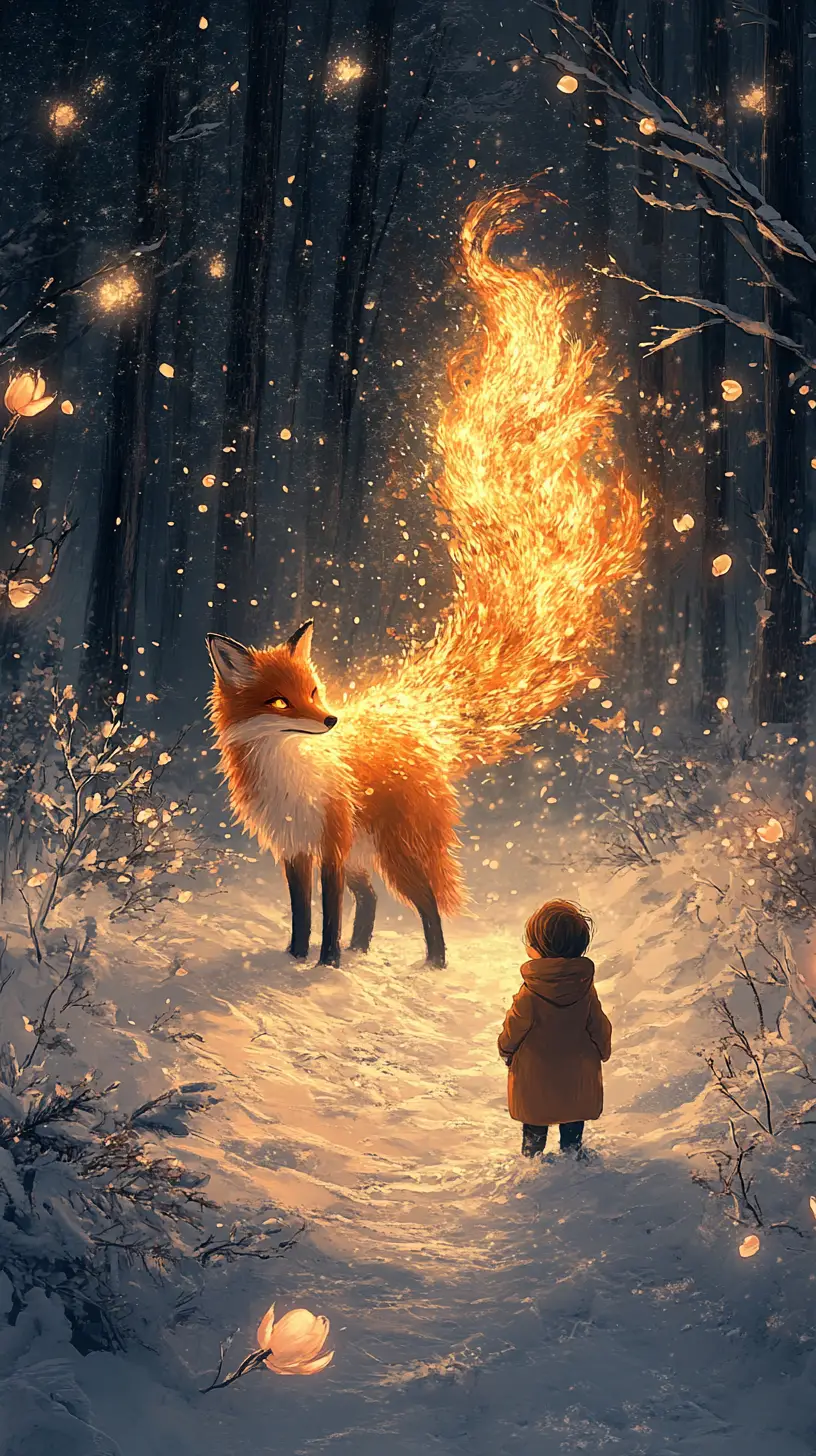Magical fire fox and child walking through snowy forest
