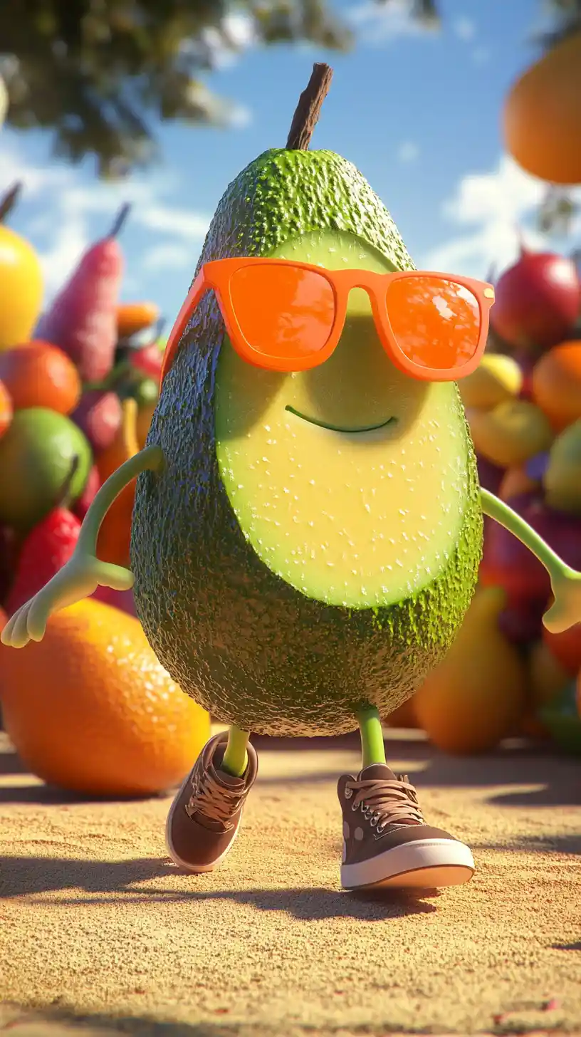 Anthropomorphic avocado walking among fruits on beach