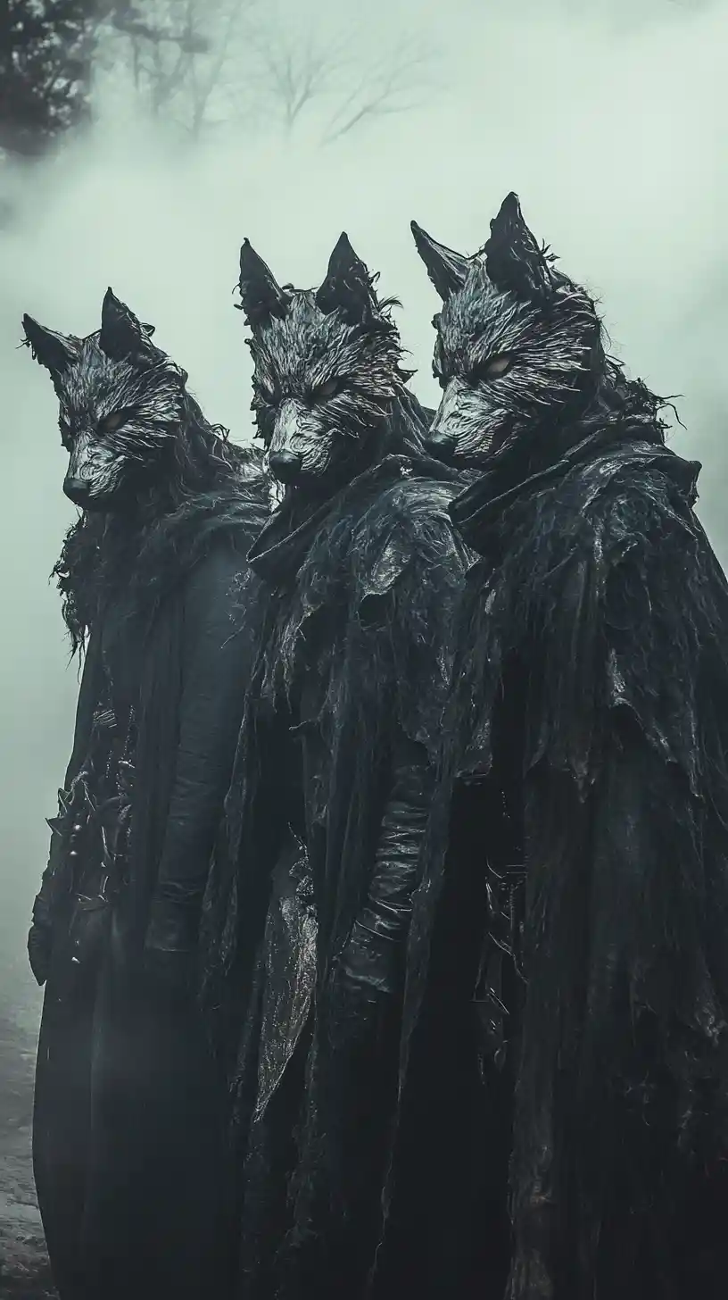 Masked figures in fog wearing ornate wolf costumes