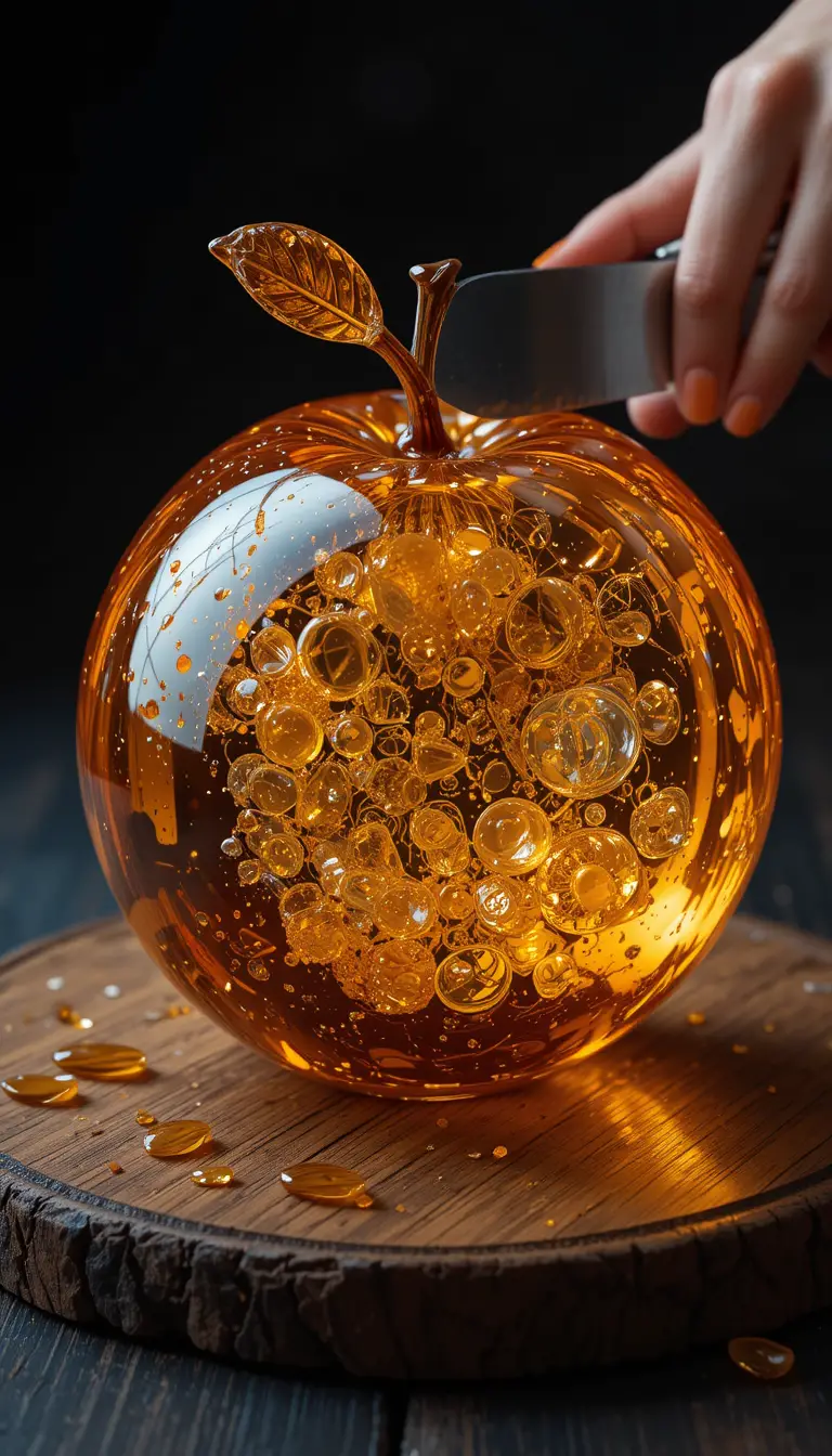 Glass fruit sculpture on dark wooden cutting board