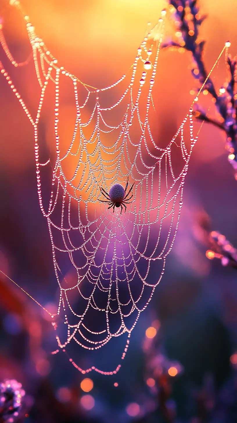 Spider web with dewdrops glowing in the sunrise meadow