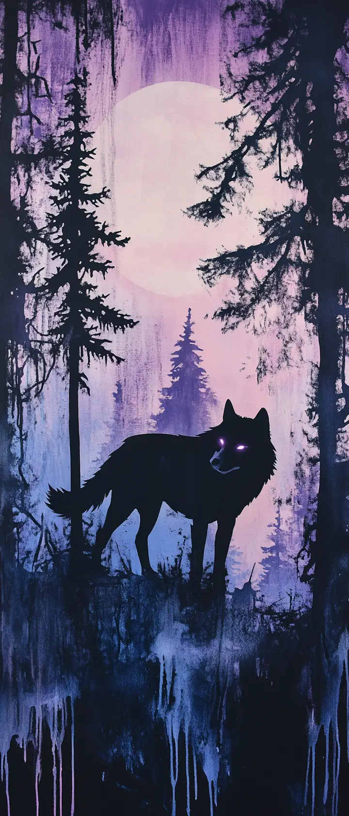 Lone wolf silhouette in a moonlit stencil forest