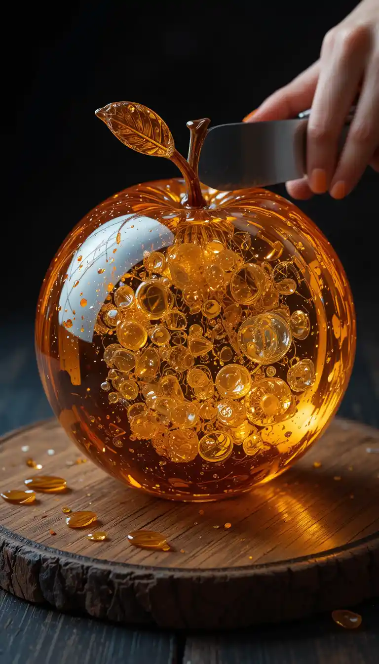 Sculpture de fruits en verre sur planche à découper en bois foncé