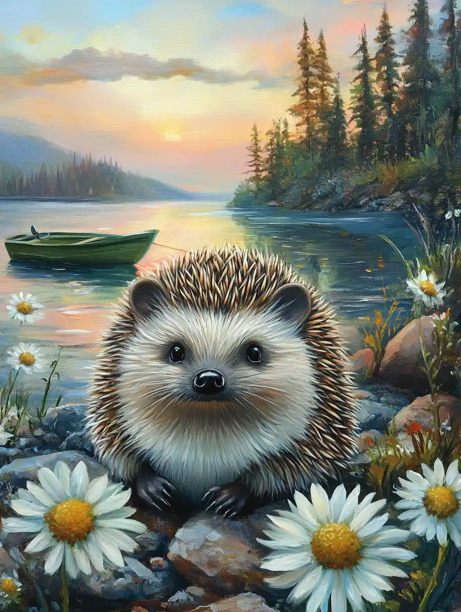 Erizo travieso en lago tranquilo al amanecer en tonos pastel
