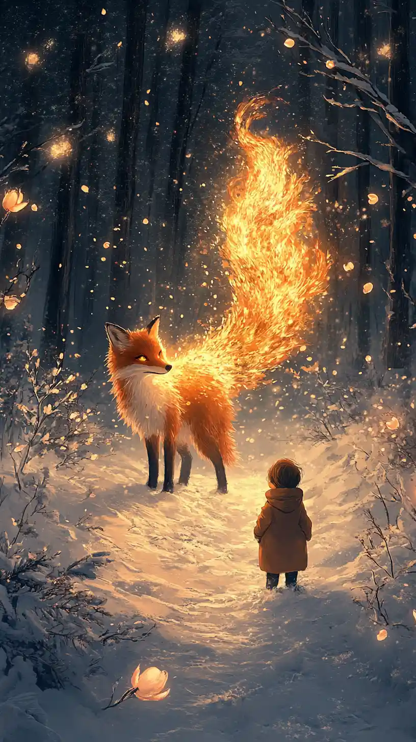 Magical fire fox and child walking through snowy forest