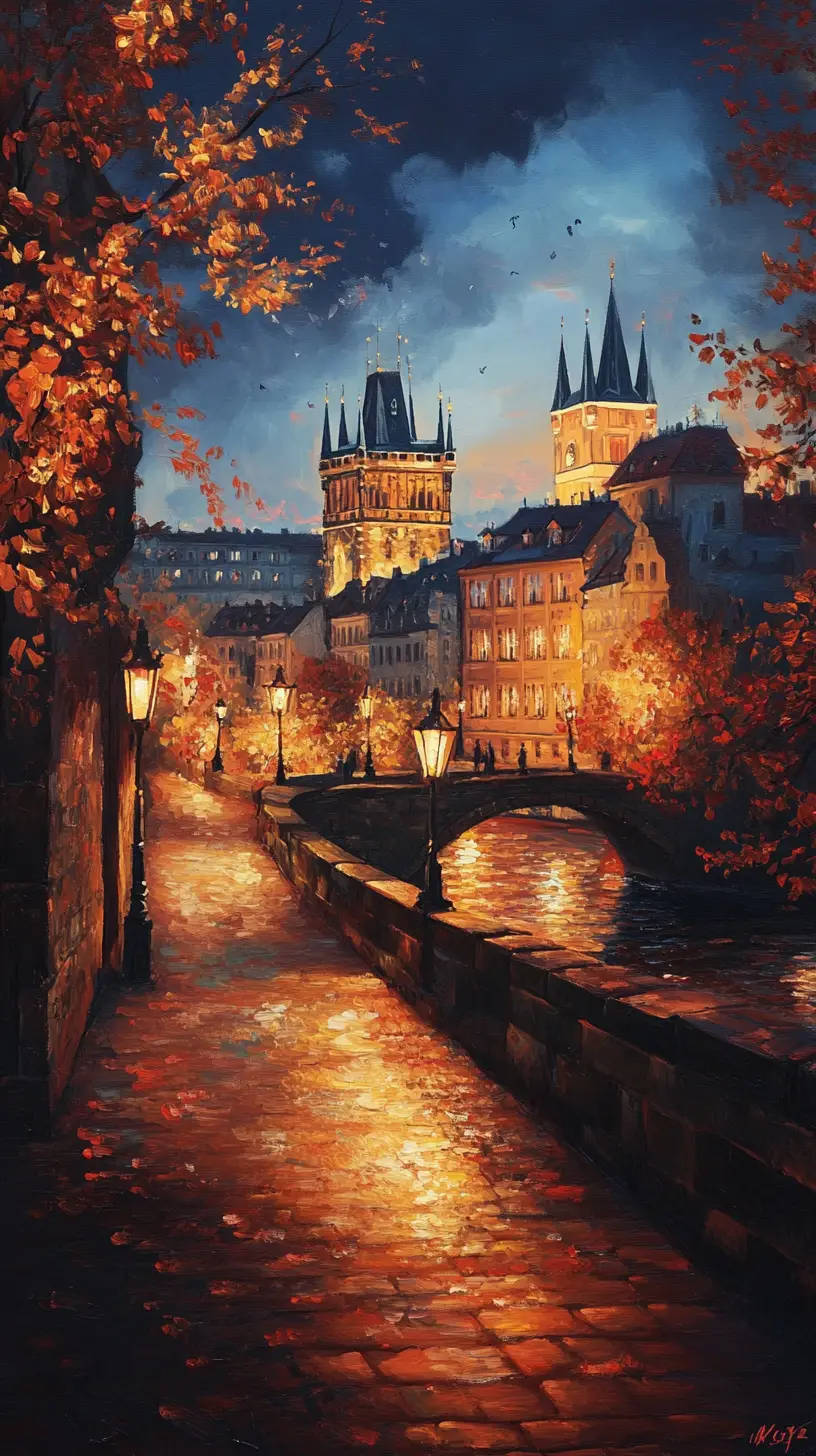 Romantic night view of Prague castle and bridge over river