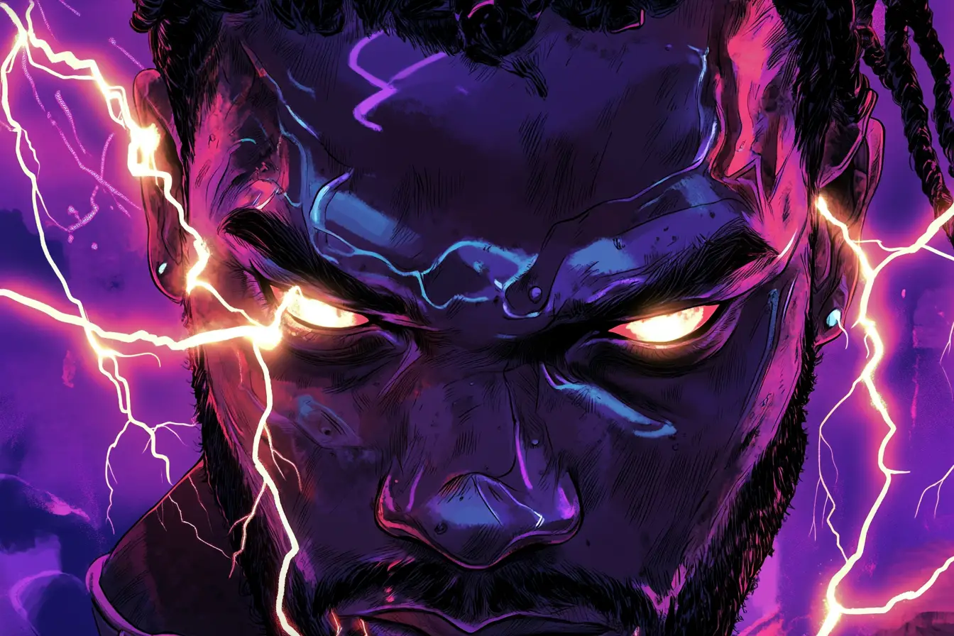 Electric eyed sentinel in bold pop art close up