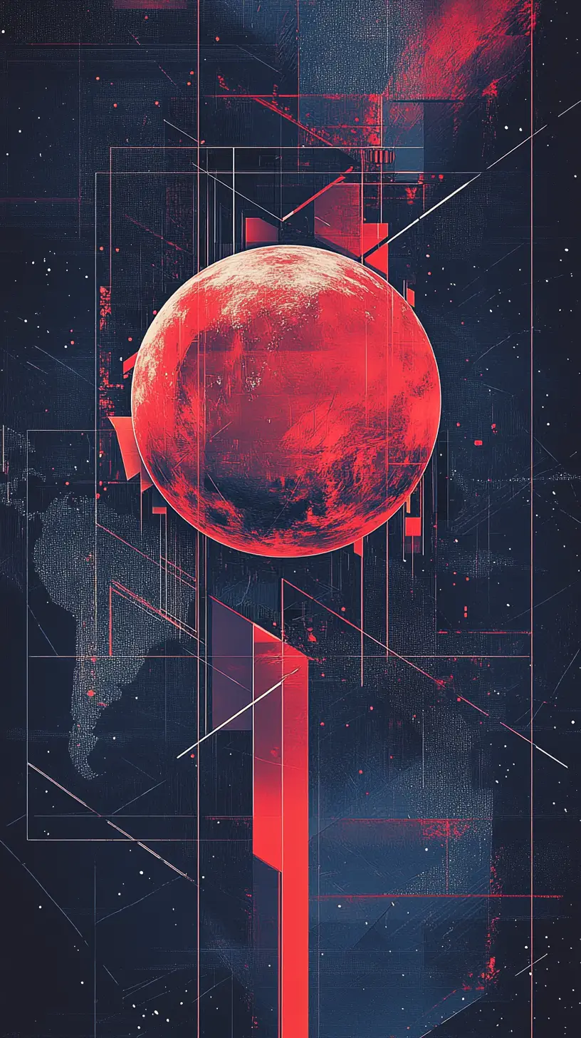 Geometrische abstrakte Kunst mit leuchtend roter Kugel und geschichteten Formen
