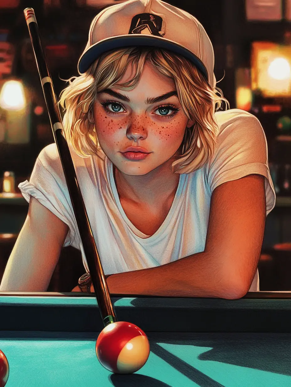 Girl playing billiards in a dimly lit bar interior