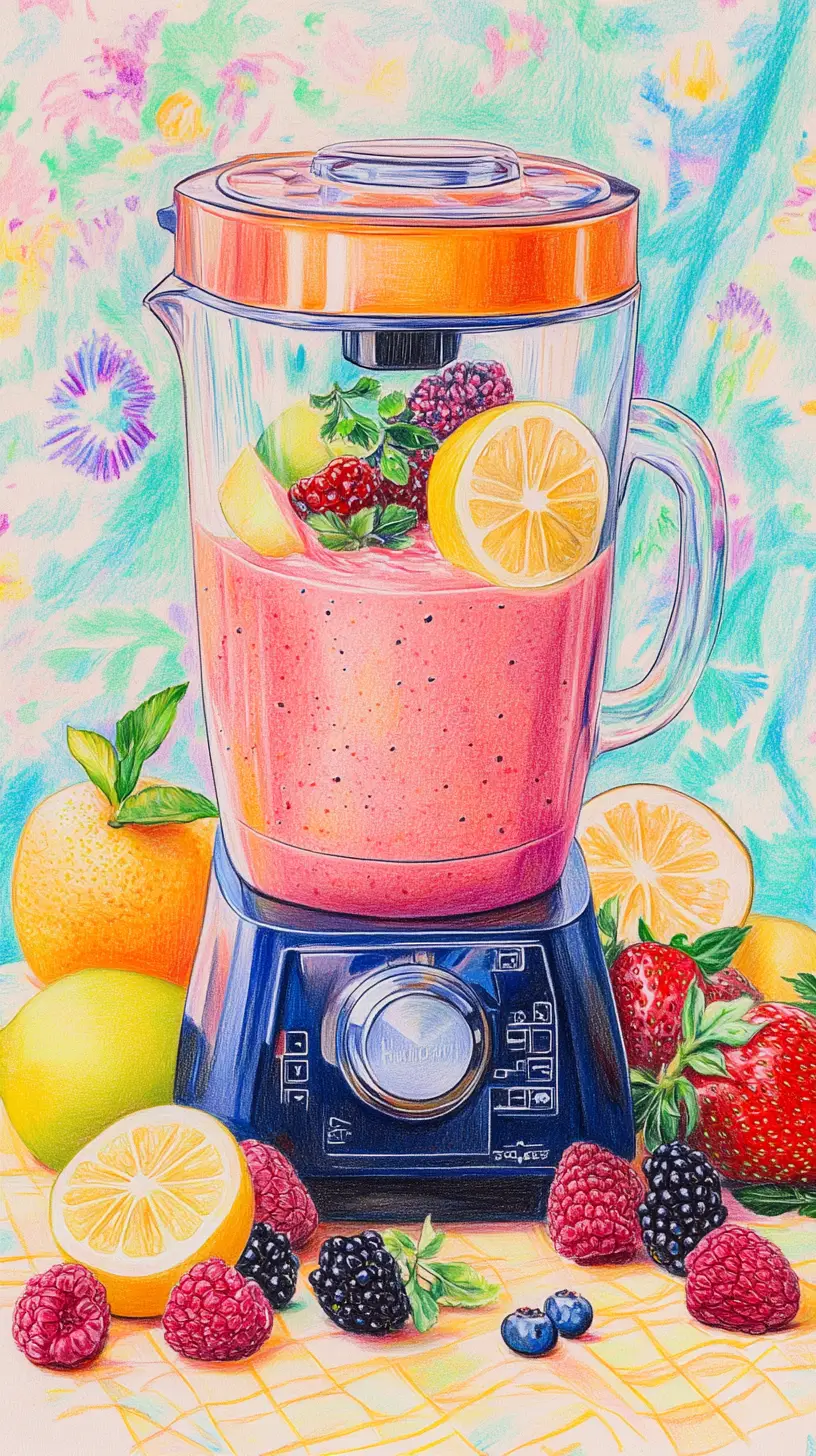 Colorful blender smoothie with fruits in a cute kitchen
