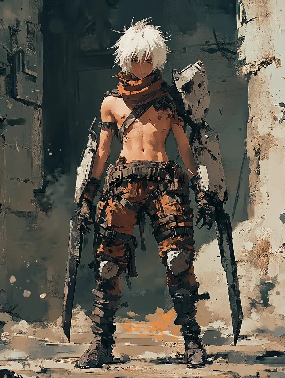 Post apocalyptic anime boy with twin dark metal knives